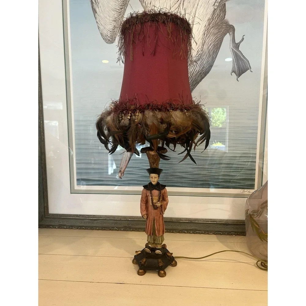 Chinoiserie-style Asian man table lamp manufactured by Berman W/feather shade